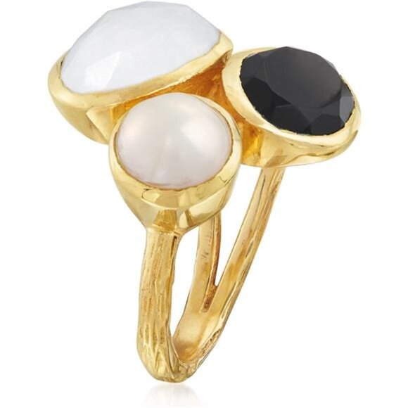 18kt Yellow Gold Over Sterling Silver Multi-Stone Ring – Pearl, Onyx & Moonstone